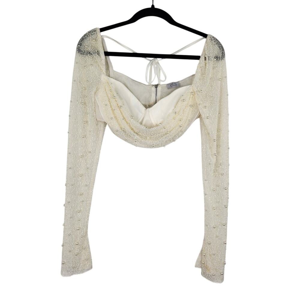 Oh Polly Ivory Beaded Pearl Cropped Long Sleeve Elegant Cropped Top Size 6